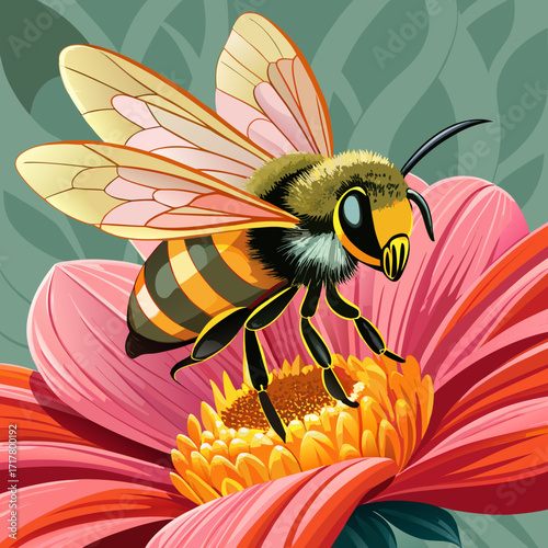 Bee Pollinating a Flower in Macro View