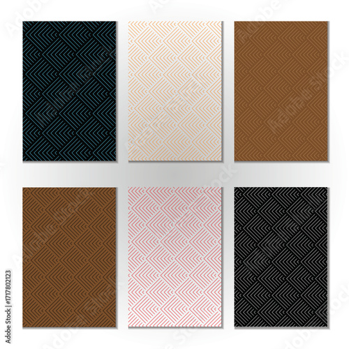 Pattern seamless abstract background set | Modern wave with geometric shape suit for texture, decoration, tiles, fabrics, cover, brochure, web | Thin black, golden, red, cyan line stripes 