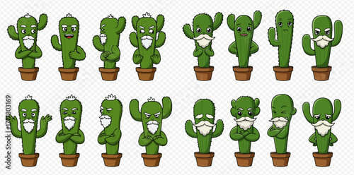 Cartoon cacti in pots displaying various emotions and poses, some with beards.