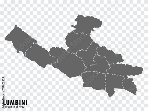 Blank map Lumbini Province of Nepal. High quality map Lumbini Province with districts on transparent background for your web site design, logo, app, UI. Nepal.  EPS10. 