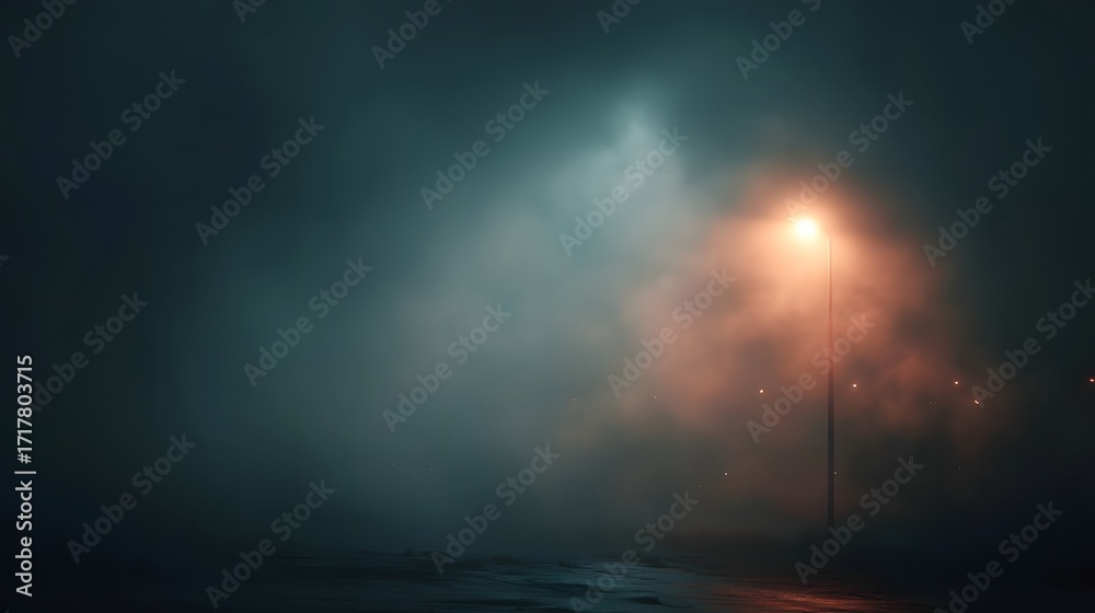 Obraz premium A solitary streetlight glows orange through thick fog and smog on a dark wet night creating an atmospheric and mysterious scene