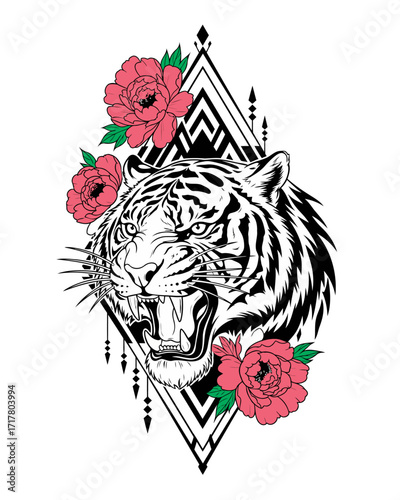Vector illustration of a roaring tiger with pink peonies, a bold design for tattoo art, print, and stencils