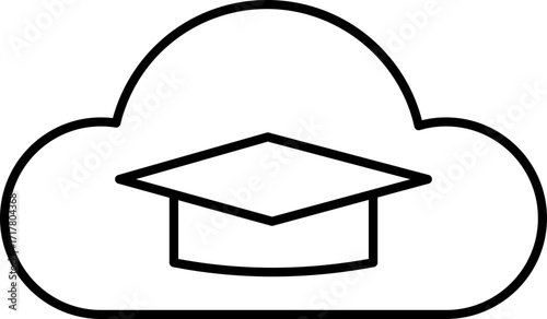 Cloud Learning Icon with Graduation Cap for Digital Education. Line art cloud learning icon with graduation cap for digital education online learning e learning app ui web design.