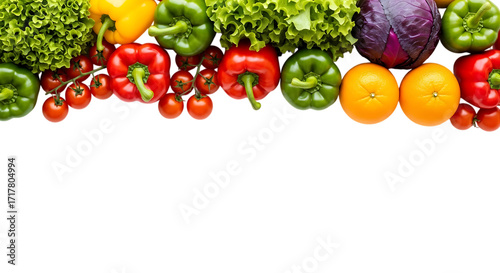 A vibrant assortment of fresh vegetables and fruits, including bell peppers, lettuce, red cabbage, oranges, and cherry tomatoes, arranged in a colorful border against an isolated on transparent backgr