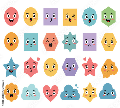 A colorful array of geometric shapes with expressive faces isolated on white background, showcasing a range of emotions from joy to sadness in a playful design