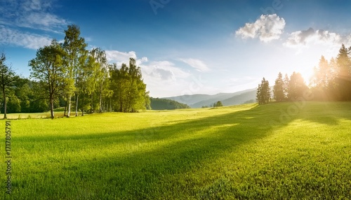 Scenic Green Meadow With Trees Under Summer Sunlight Photo