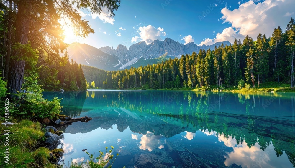 Naklejka premium Scenic Lake Reflecting Mountains and Forest Under Blue Sky with Golden Light in Flygen Forest with Cinematic HDR Nature Photography