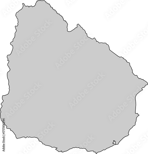 A grey blank silhouette map of Uruguay, featuring only the national outline without internal department borders. Ideal for minimalist designs.


