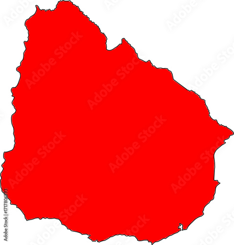 A red blank silhouette map of Uruguay, featuring only the national outline without internal department borders. Ideal for minimalist designs.

