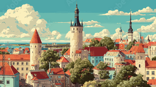 illustration, Cityscape of Tallinn, capital city of estonia, attractive touristic advertisement poster, beautiful touristic must-see destination. Beautiful tourist destination, in central europe.