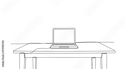 Open laptop on dining table in line art style symbolizing remote work