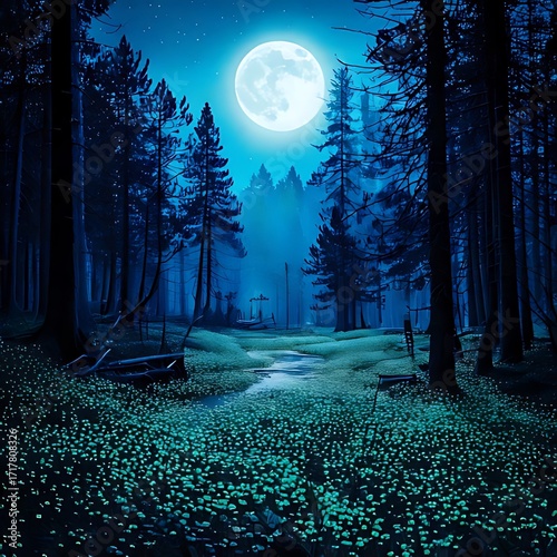 Mystical forest at night under a full moon