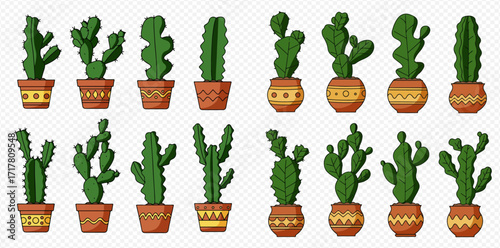 Collection of cartoon cacti in decorated terracotta pots, arranged in two rows.