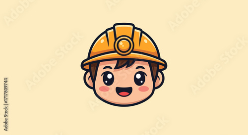 Cute cartoon engineer wearing a yellow hard hat smiling happily.