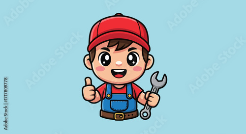 Cute Cartoon Mechanic Boy Giving Thumbs Up with Wrench.