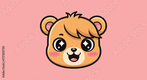Cute cartoon bear face illustration with big sparkling eyes and a happy smile.