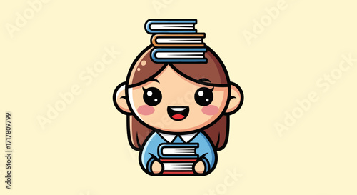 Cute cartoon girl student carrying a stack of books on her head and in her arms.