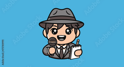 Cute chibi journalist boy holding a microphone and notepad.