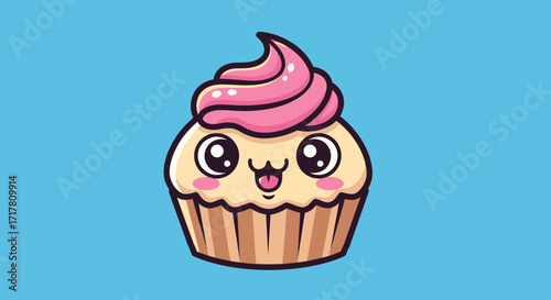 Cute Kawaii Cupcake Character with Pink Frosting and Happy Face Illustration.