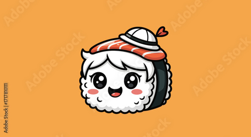 Cute Sushi Character Wearing a Hat Adorable Food Illustration.