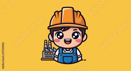 Cute cartoon construction worker with a hard hat smiling happily.