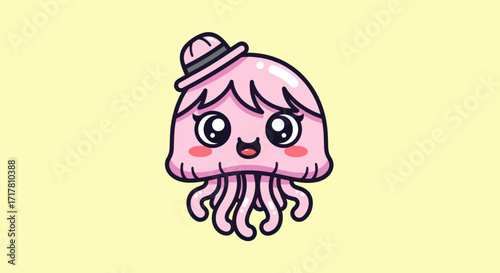 Cute cartoon jellyfish wearing a hat kawaii style pink color happy expression.