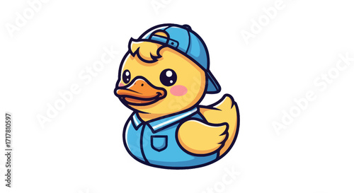 Cute Cartoon Duck Wearing Blue Cap and Shirt.