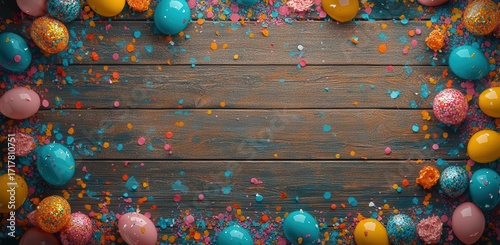 Celebrate With Painted Eggs Arranged Around Wood Background With Festive Decor