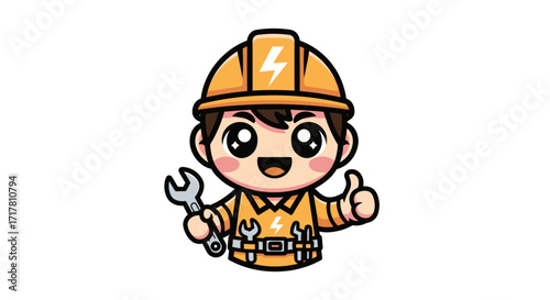 Cute cartoon construction worker character with tools and thumbs up.