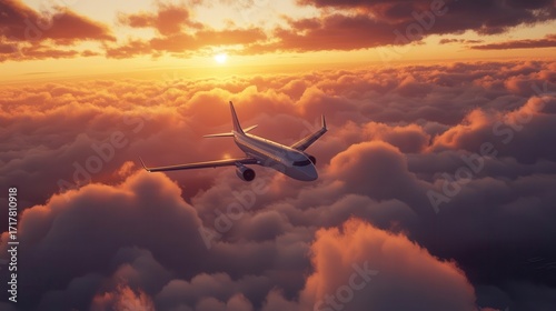 Airplane Flies above Clouds during Golden Hour, Capturing Flight's Beauty