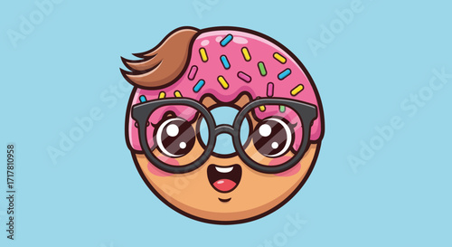 Cute nerdy donut character with pink frosting and glasses.
