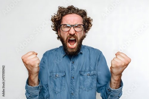 Abstract Icon of Person with Angry Expression and Raised Fists