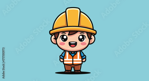 Cute cartoon construction worker character wearing hard hat and safety vest.