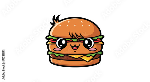 Cute cartoon hamburger happy expression food illustration kawaii style delicious meal appetizing design.