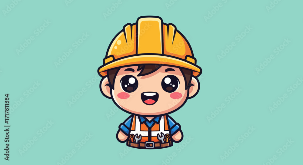Fototapeta premium Cute Cartoon Construction Worker Illustration.
