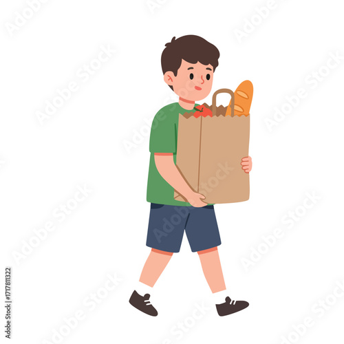 a boy in a green t-shirt and shorts, walking carefully while carrying a paper grocery bag almost as big as him