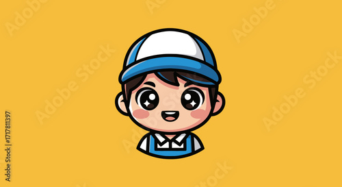 Cute cartoon character wearing a blue cap and smiling happily.