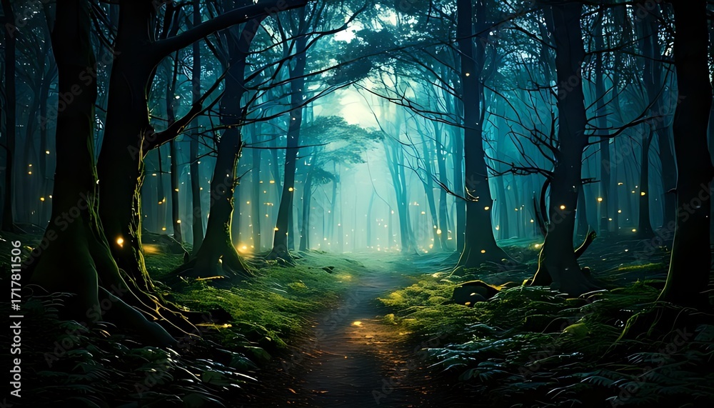 Fototapeta premium Mystical forest path at night (3)