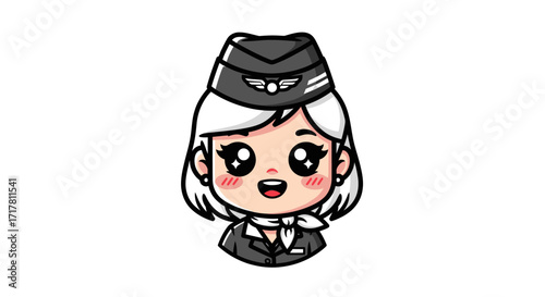 Cute cartoon airline stewardess kawaii style smiling uniform cap.