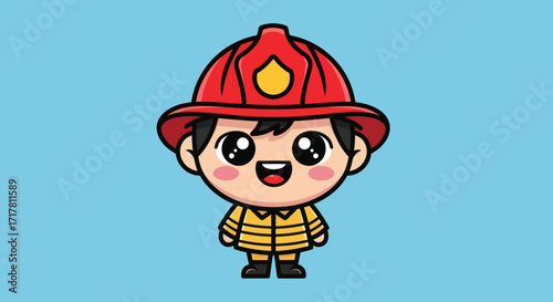 Cute Cartoon Firefighter Child Character Illustration.