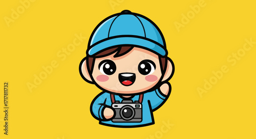 Cute cartoon photographer waving hello with camera around his neck.