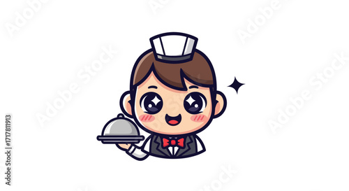 Cute cartoon waiter holding a tray with a smile and a hat.
