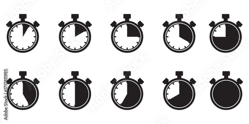 Clock icon set in red color on white background. Collection of stopwatch and countdown timer symbols. Vector illustration for time tracking, scheduling, and efficiency design.