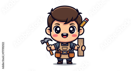 Cute Cartoon Carpenter with Hammer and Wood Plank.