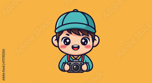 Cute Cartoon Boy Photographer Holding Camera.