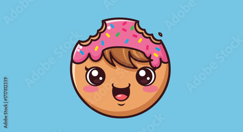 Cute cartoon donut character with pink icing and sprinkles.