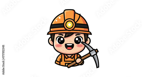 Cute cartoon miner with a pickaxe and safety helmet smiling.