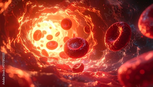Surreal Blood Cells Floating in Glowing Plasma Environment