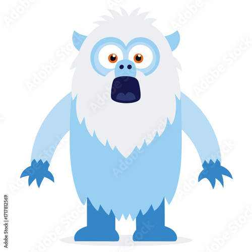Vector art of a cute yeti cartoon character, showcasing a friendly monster design with big eyes and a surprised expression, perfect for childrens illustrations