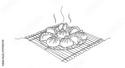 Steamed dumplings on bamboo mat in line art style symbolizing tradition